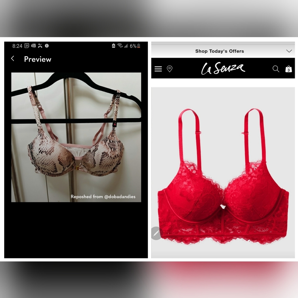 2 La Senza Hello Sugar Bras. 1. RED Corsette 32d and 2. Snakeskin 34c.